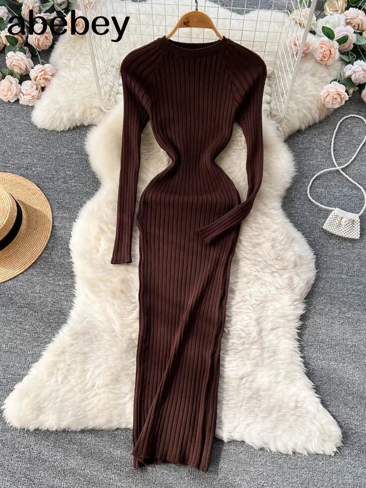 Women's Autumn Knitted Bodycon Dress with O-Neck and Oversized Fit - Elegant Winter Sweater Dress