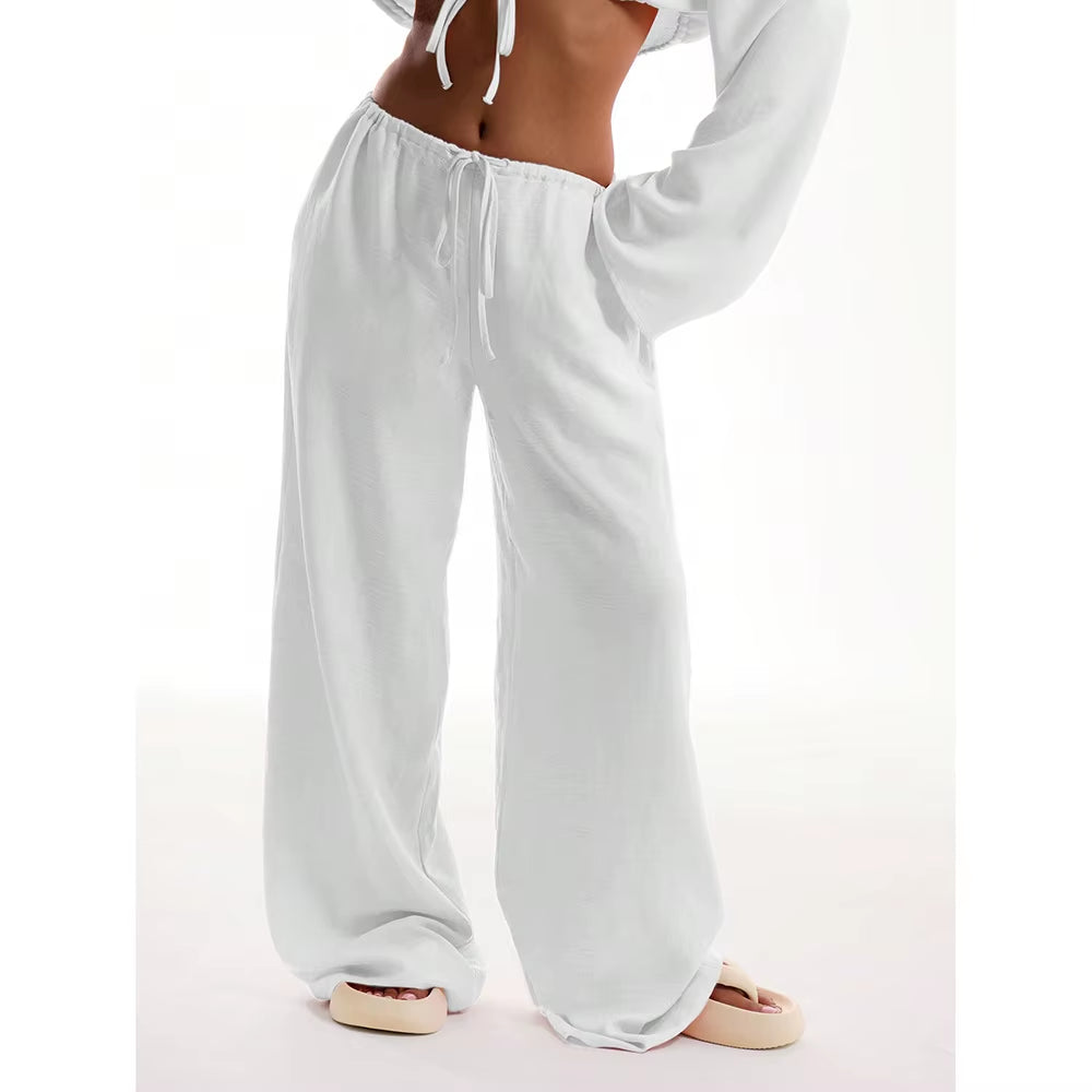 Women's Casual Oversized White Wide Leg Pants with Elastic High Waist and Pockets for Office and Commuting