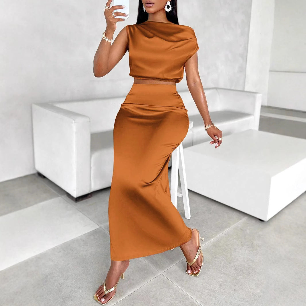 Women'S Solid Color Satin Dress Midriff Outfit Suit