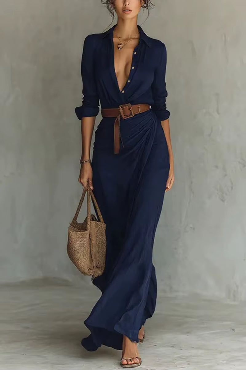 Autumn Collection Elegant Long Sleeve V-Neck Pleated Ankle-Length Dress with Belt in Four Colors