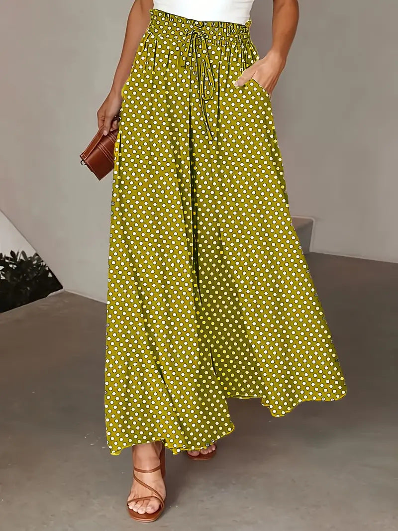 Polka Dot Print Wide-Leg Trousers with Elastic Waist for Women