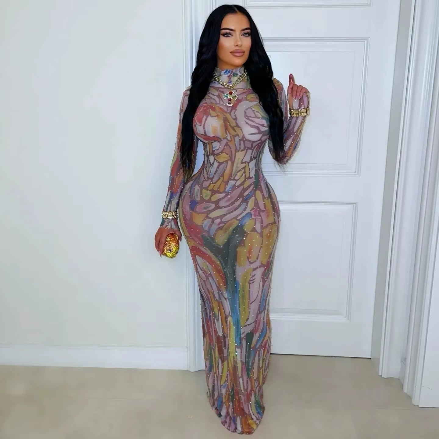 Designer Long Sleeve Performance Dress with Water-Media Net and Diamond Heating for Elegant Birthday Dance Parties