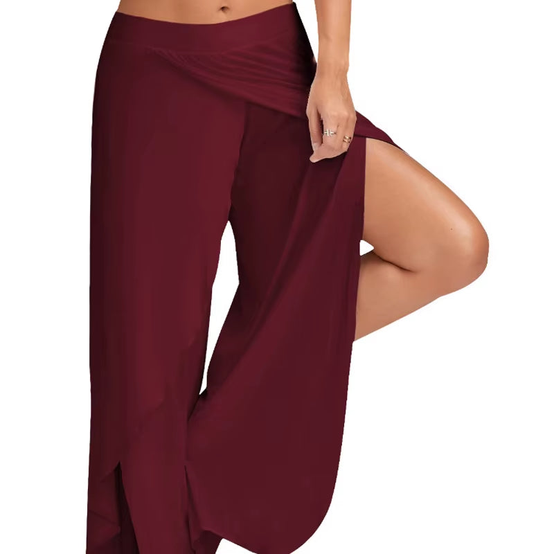 Women plus Size Wide Leg Pants Loose Fitness Dance Yoga Split Trousers Female Elastic Wasit Casual Workout Solid Summer Clothing