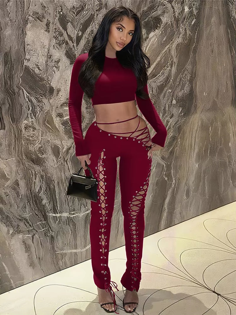 Female Sexy 2 Piece Set Woman O-Neck Navel Exposed Tops+Shirring Irregular Hollow Long Pants Street Fashion Outfits