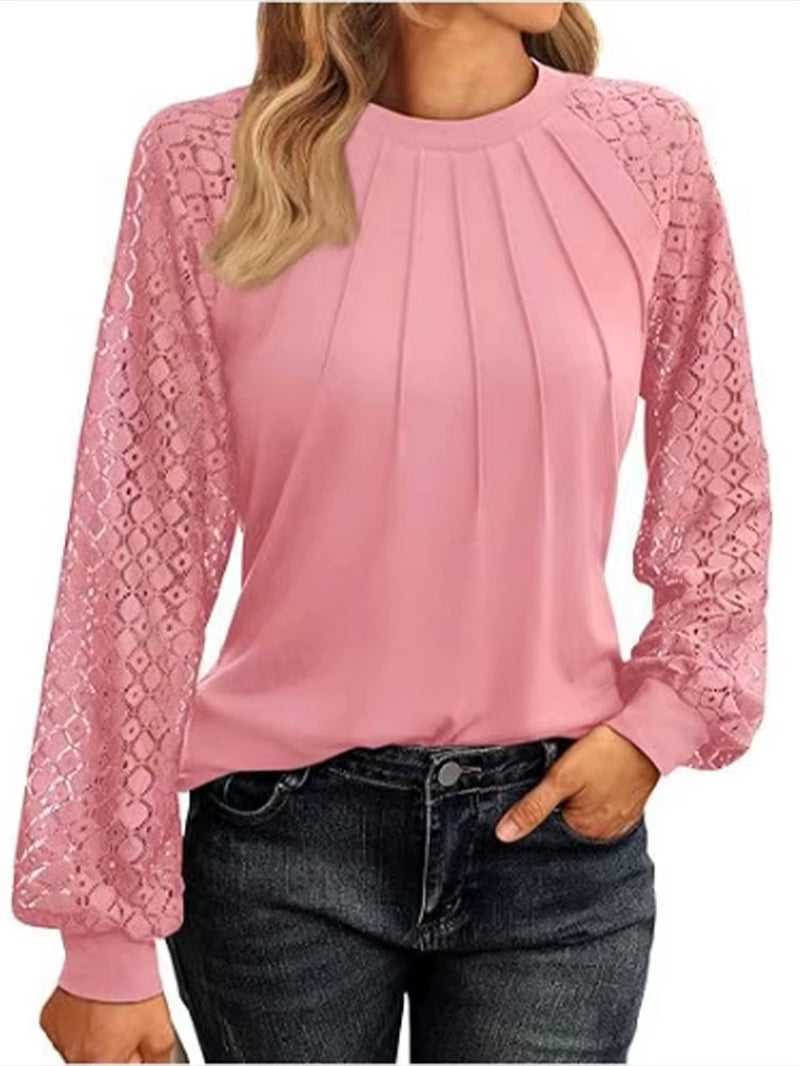 Elegant Lace Pleated Solid Color Blouse for Women - Round Neck Lantern Long Sleeves for Autumn Casual Wear