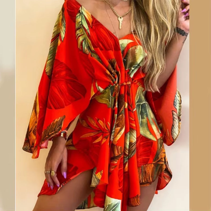 Bohemian Floral Print V-Neck Bat Sleeve Mini Dress for Women - Summer Vacation Sundress