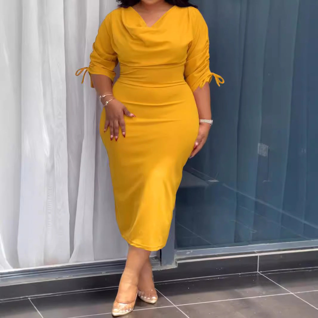 Solid Color Drawstring Split Dress for Women - Autumn and Winter Collection