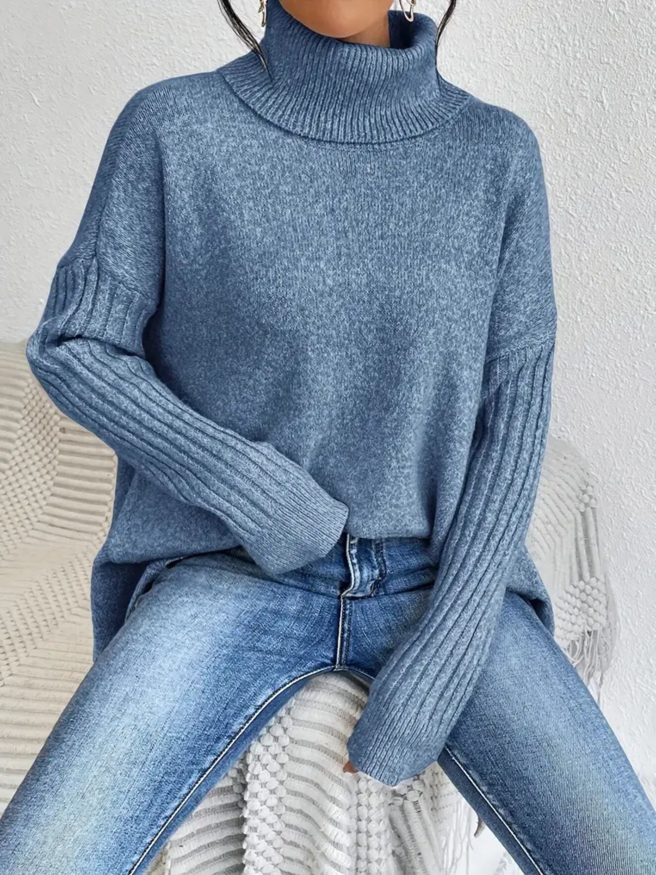 Irregular Turtleneck Loose-Fit Knitted Sweater for Women - Long Sleeve Winter Pullover