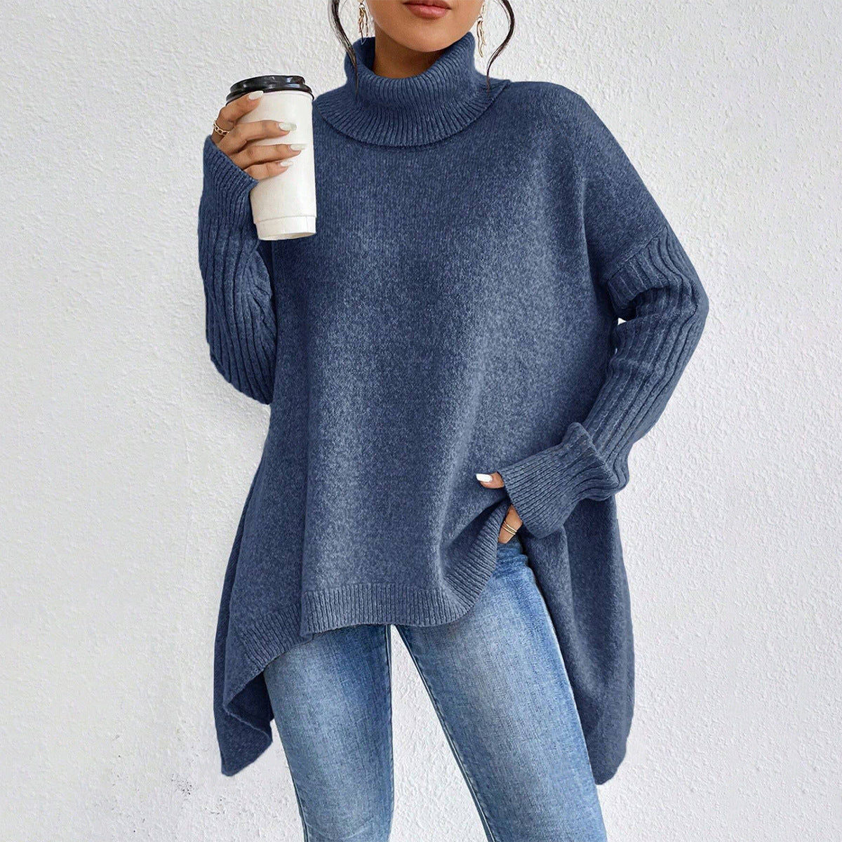 Irregular Turtleneck Loose-Fit Knitted Sweater for Women - Long Sleeve Winter Pullover