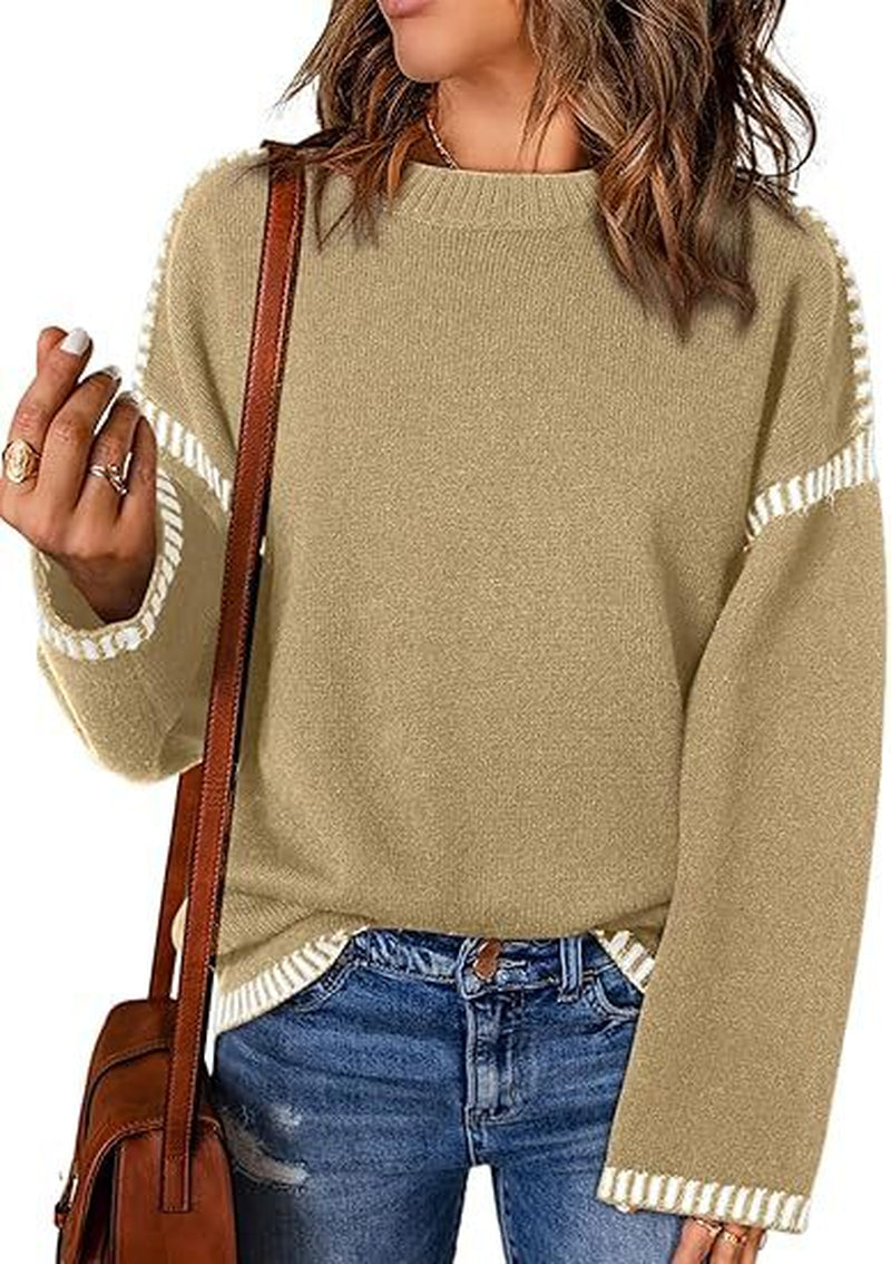 Women's Solid Round Neck Pullover Sweater - Loose Long Sleeve Top for Autumn and Winter
