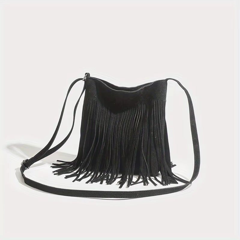 Bohemian-Inspired Suede Crossbody Bag with Tassel Detail - Vintage Casual Fringe Messenger Bag for Women
