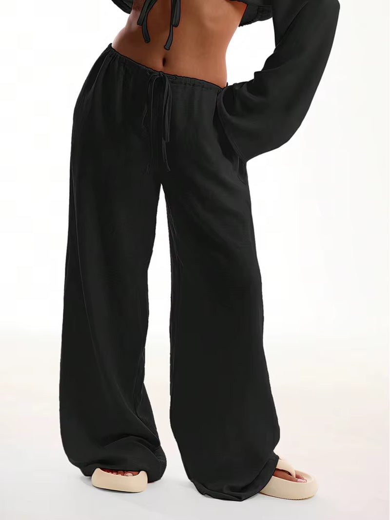 Women's Casual Oversized White Wide Leg Pants with Elastic High Waist and Pockets for Office and Commuting