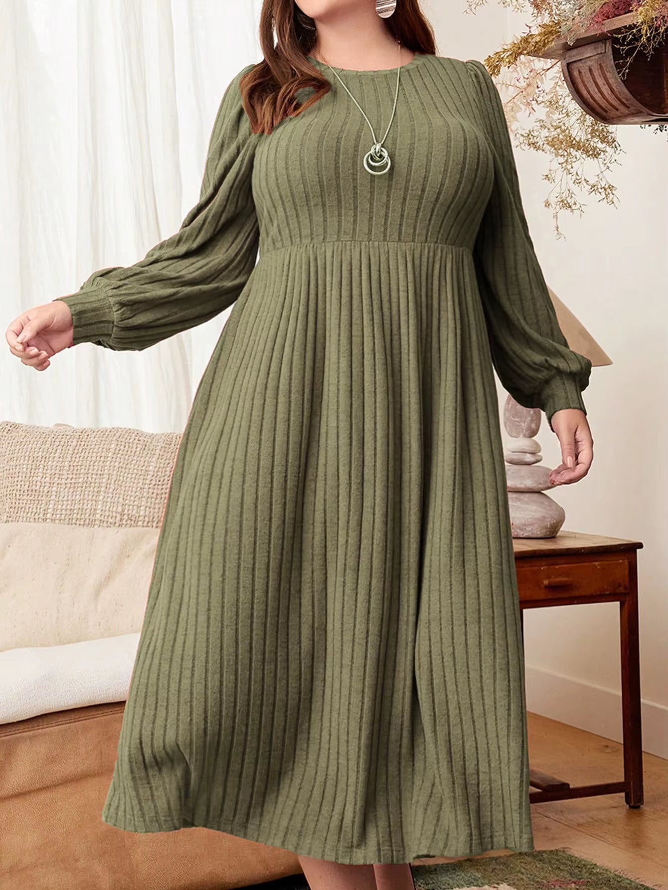 Plus Size Women's Solid Color Long Sleeve Maxi Dress for Autumn and Winter