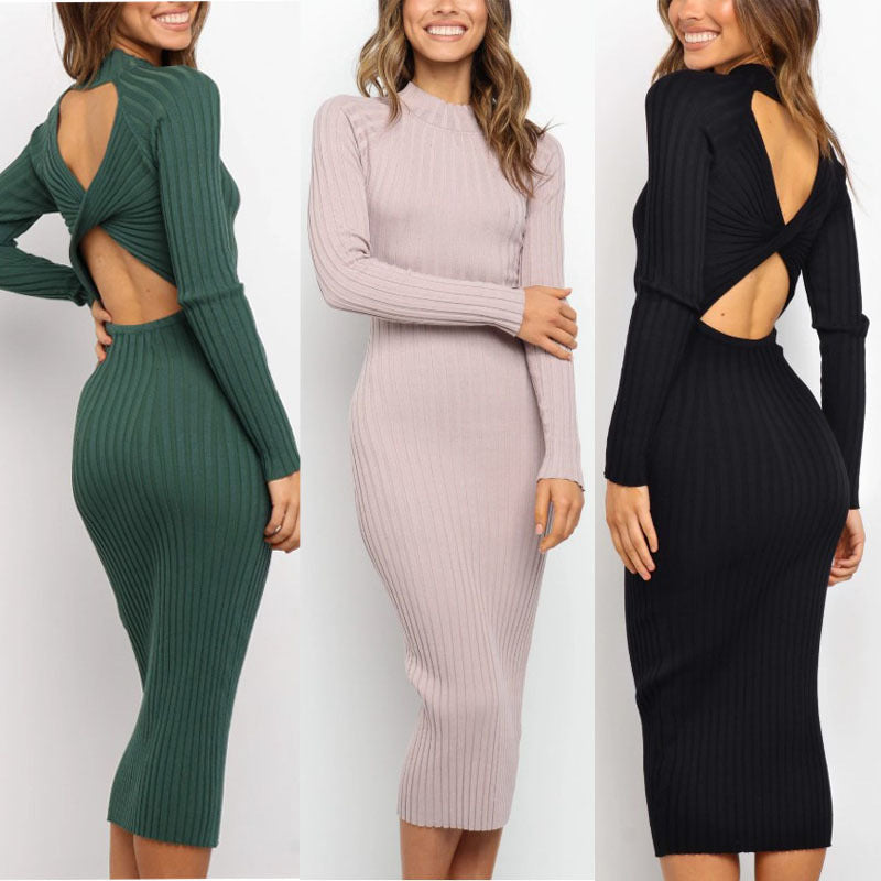Women's Solid Color Backless Bow Detail Sweater Dress