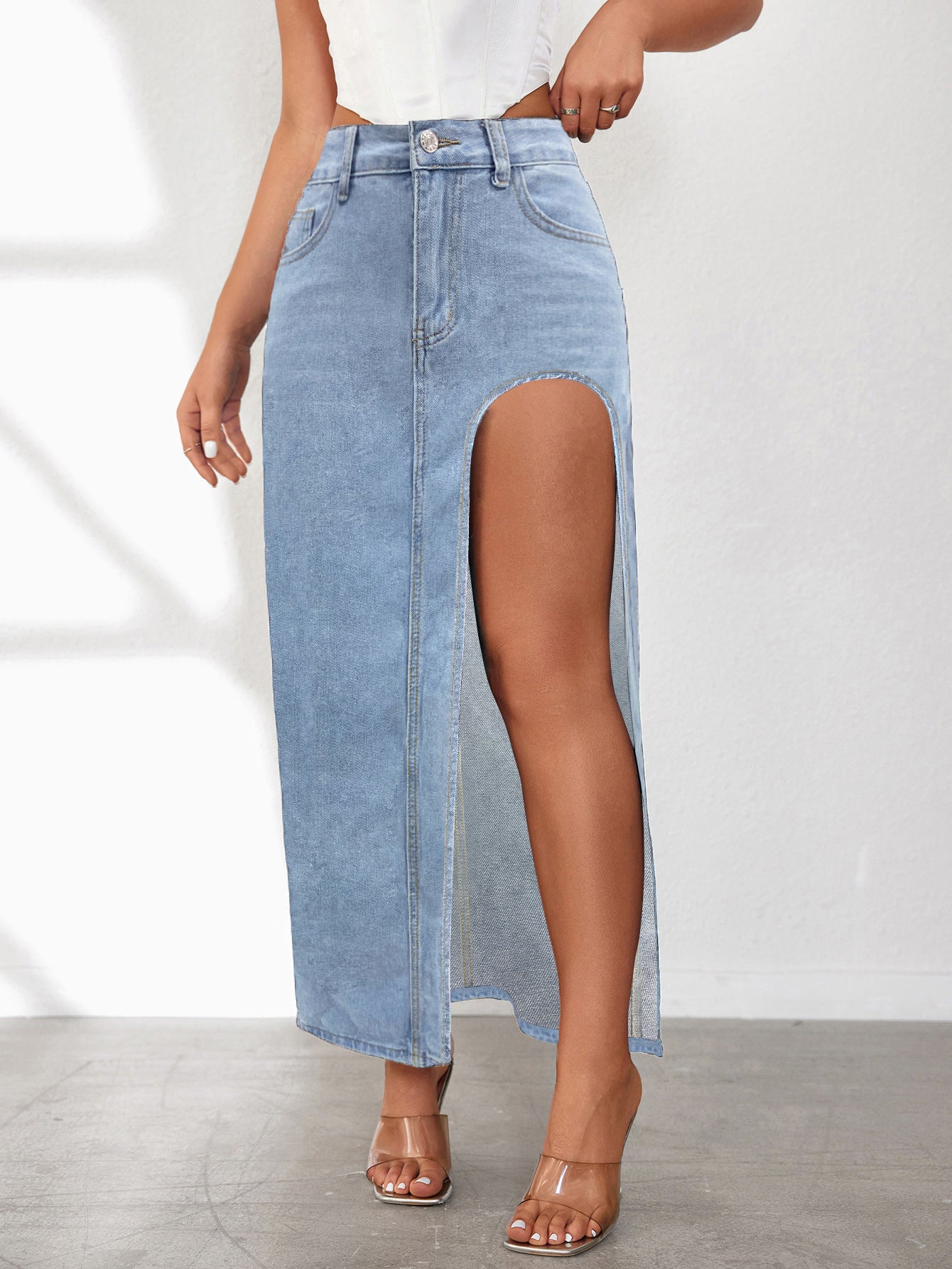Washed Solid Color Midi Denim Skirt with High Slit for Women