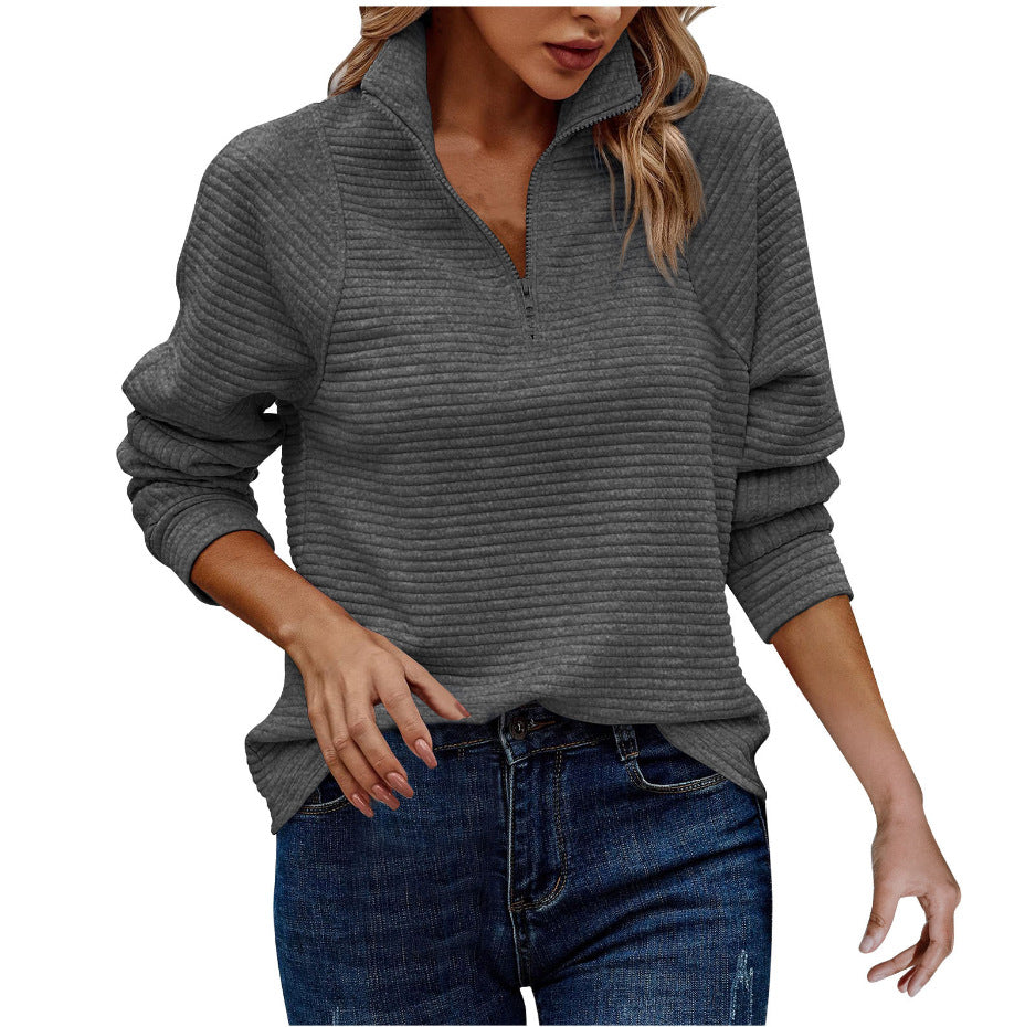 Zipper Stand Collar Pullover Sweatshirt for Women - Solid and Striped Long Sleeve Top for Spring and Autumn