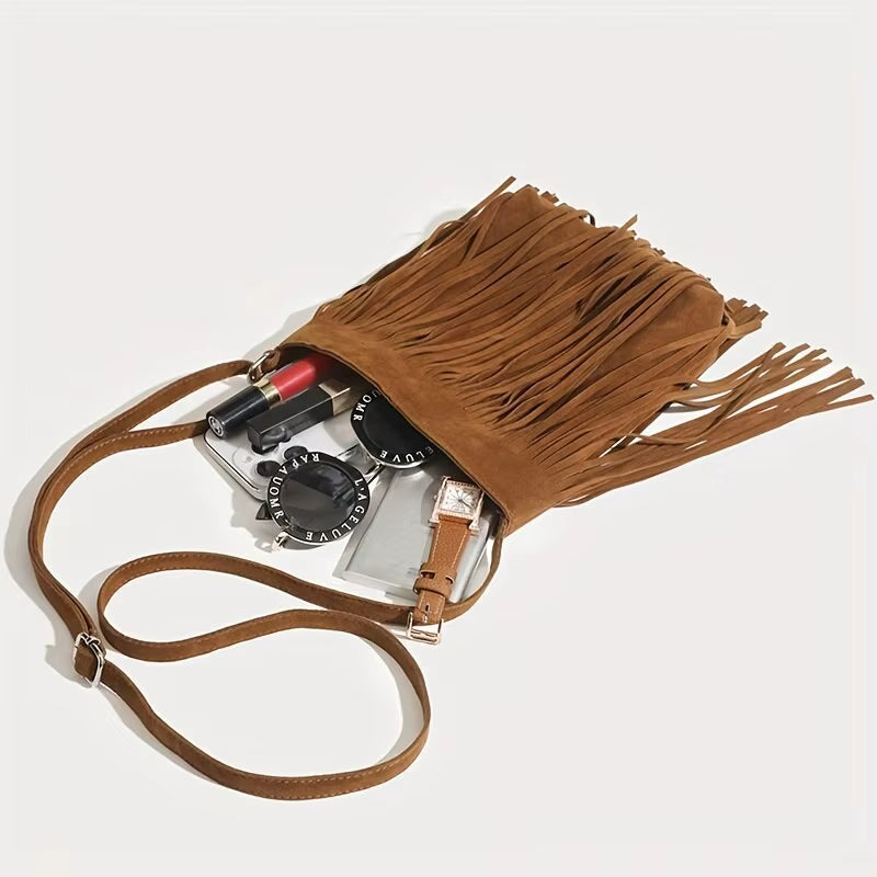 Bohemian-Inspired Suede Crossbody Bag with Tassel Detail - Vintage Casual Fringe Messenger Bag for Women
