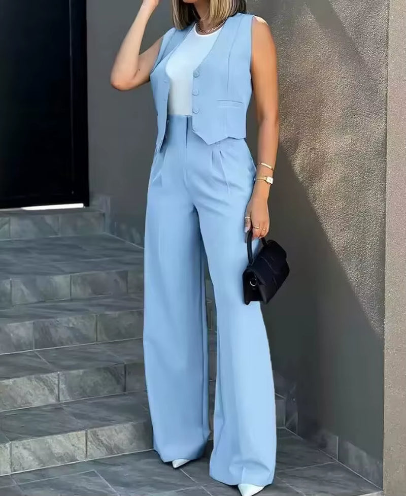 Stylish Women Commuting Vest Tops High Waist Wide Leg Pants 2024 Spring Autumn V Neck Sleeveless Button Regular Work Pants Set