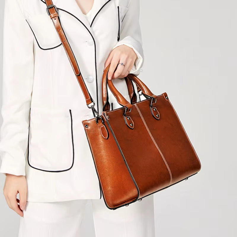 Genuine Leather Women's Crossbody Tote Bag - Fashionable Cowhide Messenger for Shopping and Office Use