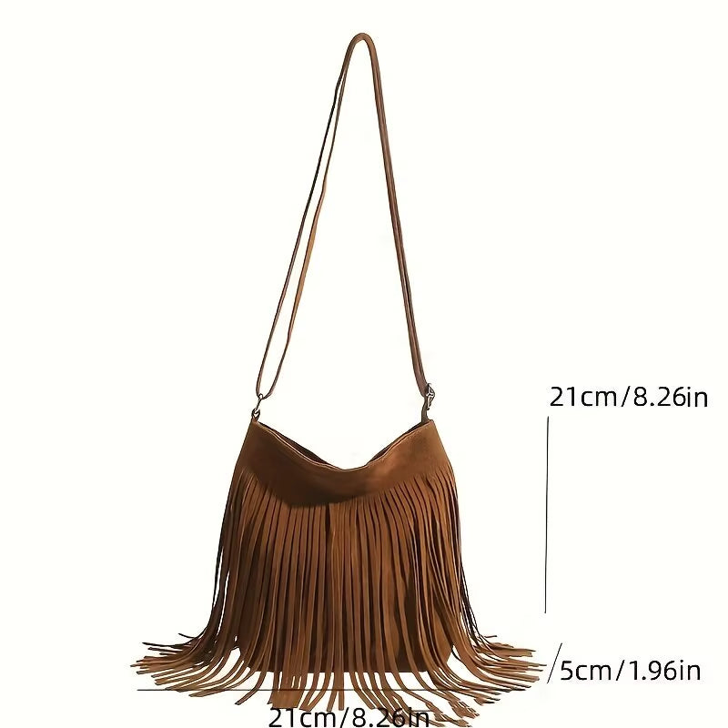 Bohemian-Inspired Suede Crossbody Bag with Tassel Detail - Vintage Casual Fringe Messenger Bag for Women