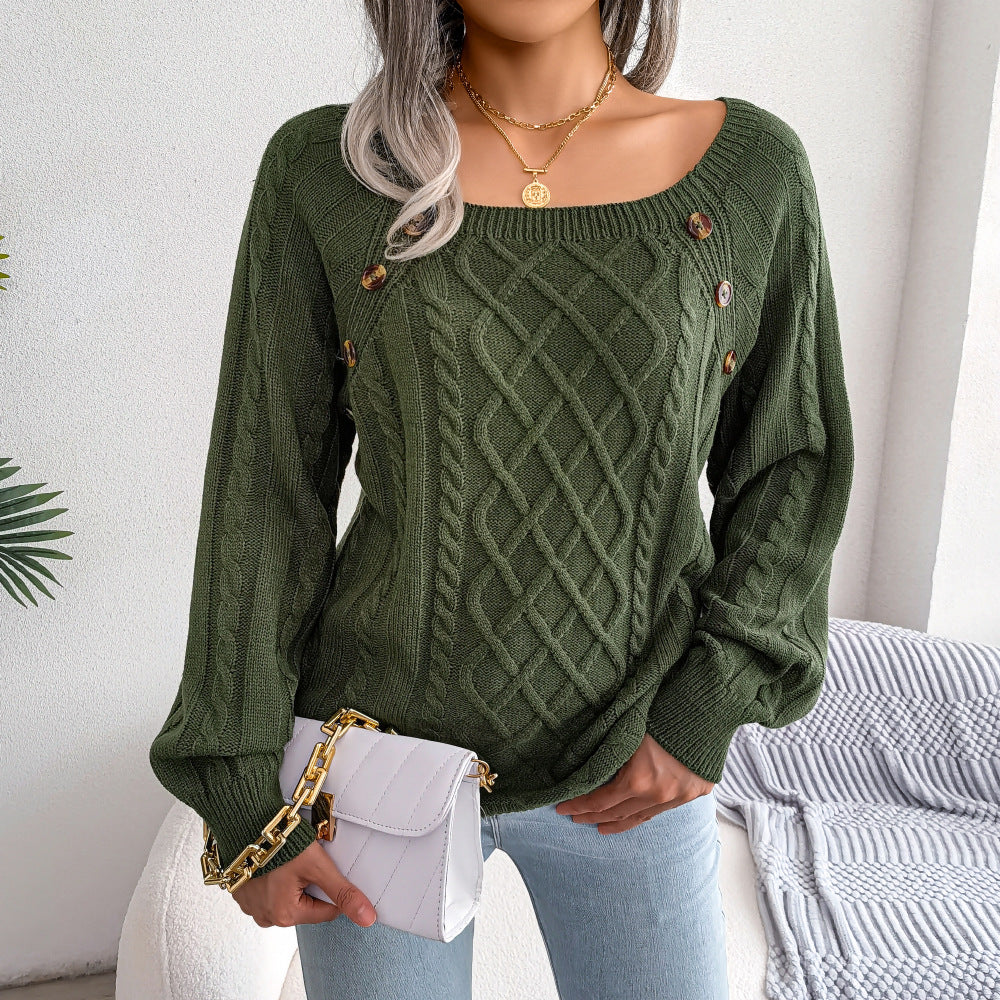 Square Neck Knitted Sweater with Button Detail - Women's Winter Long Sleeve Top