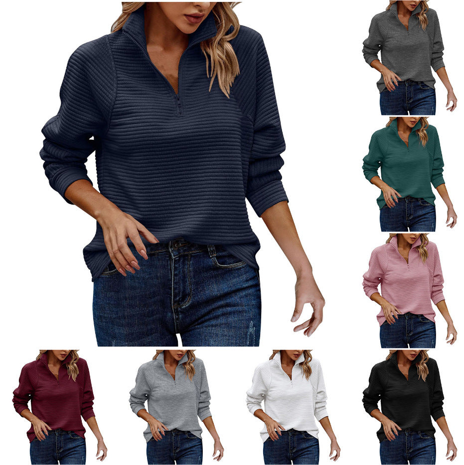 Zipper Stand Collar Pullover Sweatshirt for Women - Solid and Striped Long Sleeve Top for Spring and Autumn