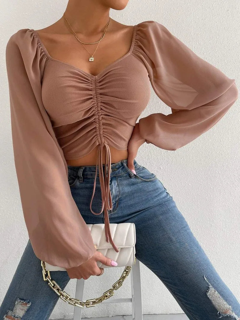 Sheer Sleeve Drawstring Front Crop Top with Plunge Neck - Women's Rib-Knit Ruched Blouse for Spring and Summer