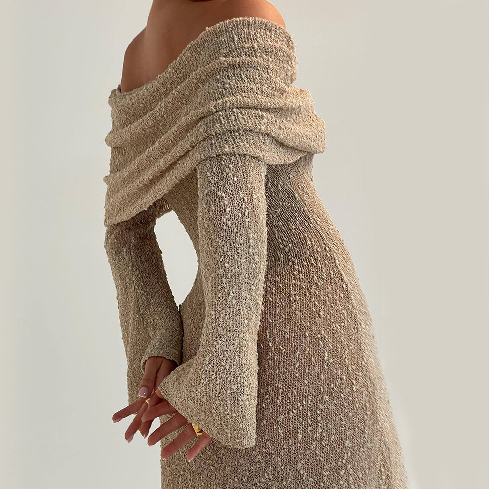 One-Shoulder Knitted Long-Sleeved Dress for Women - Elegant Beach Holiday Attire