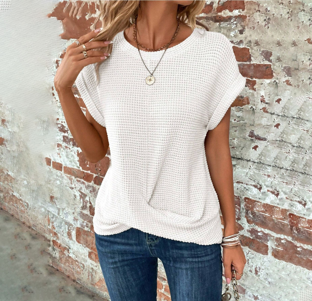 Women's Solid Color Short-Sleeved Waffle T-Shirt - Summer Crew Neck Top