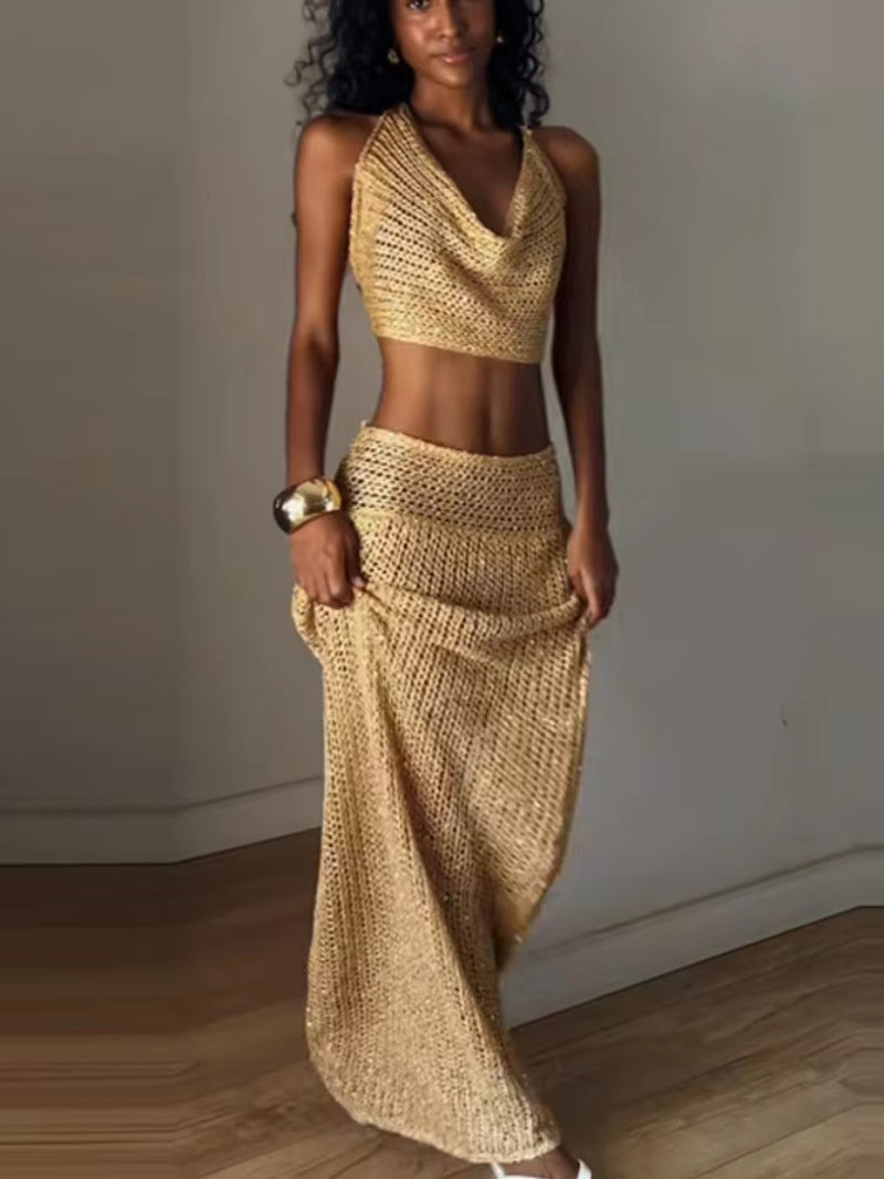 Elegant Knitted Halter Top and Long Skirt Set for Women - Sleeveless Backless Lace-Up Crop Top with Bodycon Skirt - Summer Beach Outfit 2026