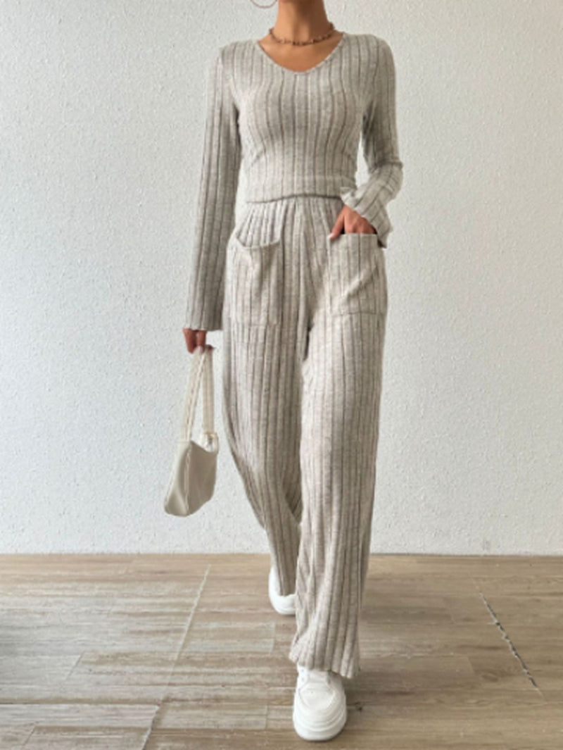 Long Sleeve Turtlenecks Wide Leg High Waist Trousers Suit