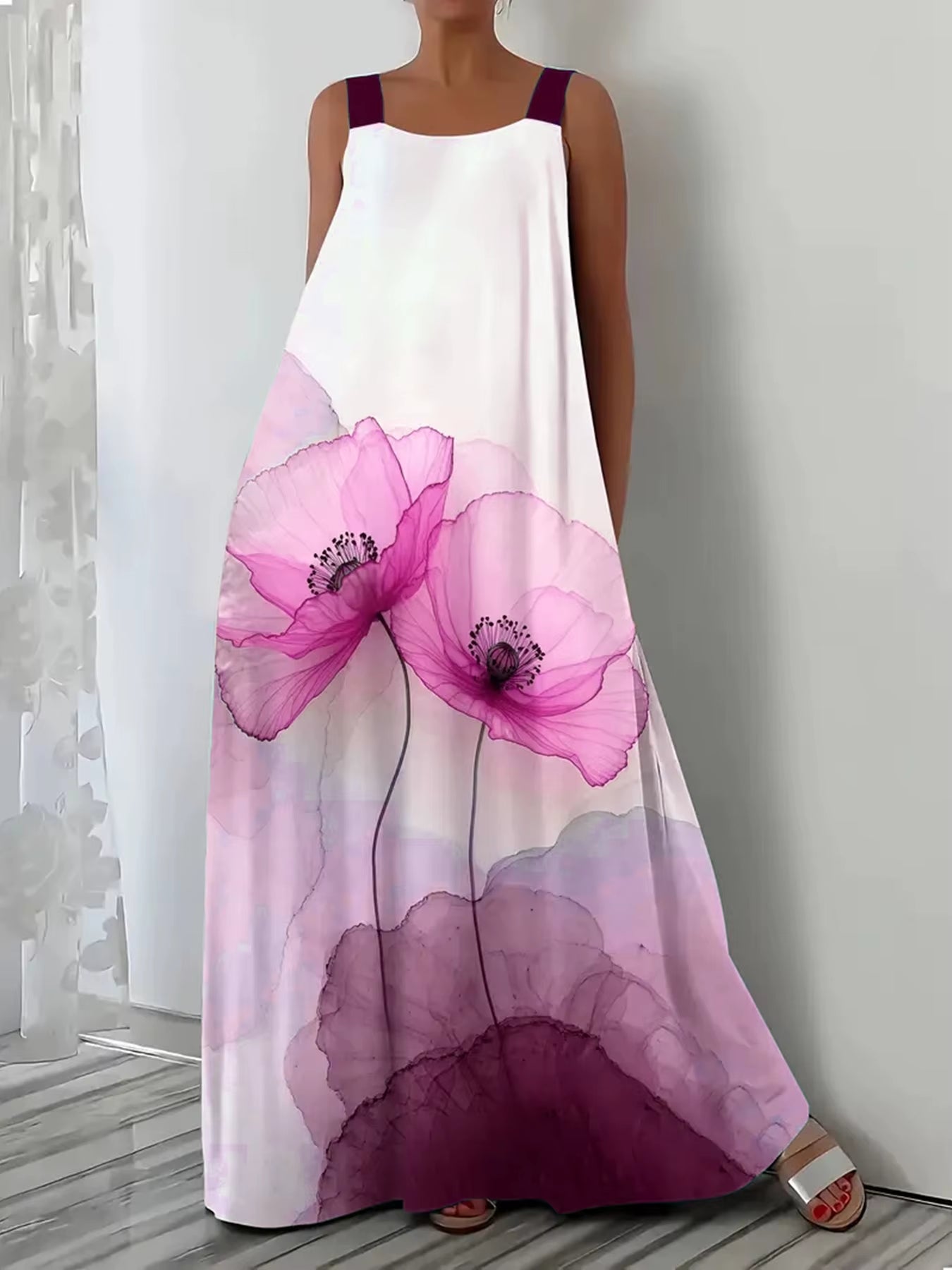 Plus Size European and American Casual Vacation Print Suspender Dress for Spring and Summer