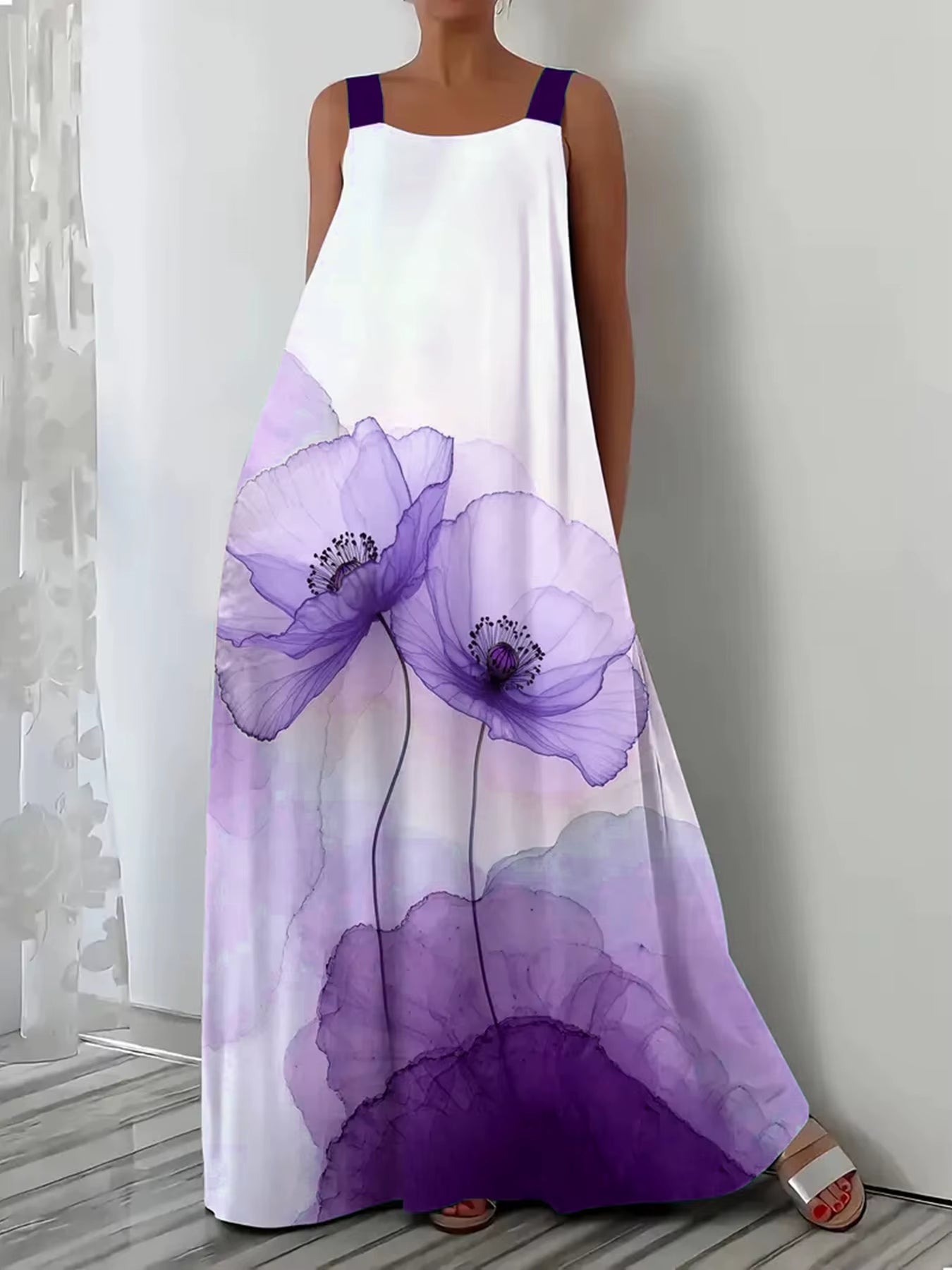 Plus Size European and American Casual Vacation Print Suspender Dress for Spring and Summer