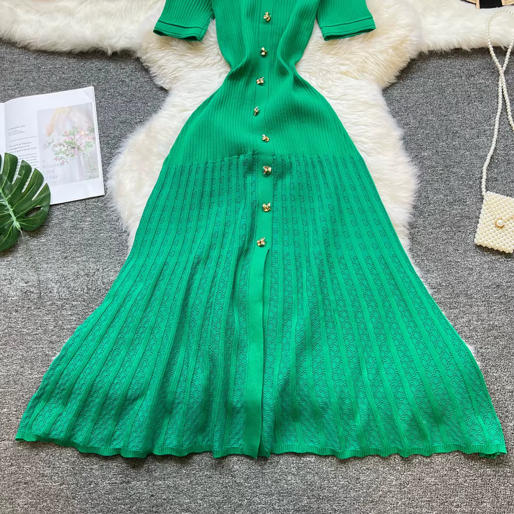 Elegant Vintage Knit Maxi Dress with Turn-Down Collar and Single-Breasted A-Line Design