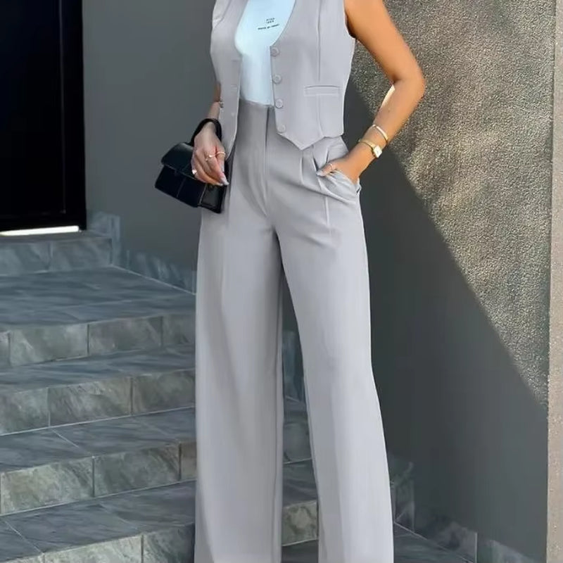 Stylish Women Commuting Vest Tops High Waist Wide Leg Pants 2024 Spring Autumn V Neck Sleeveless Button Regular Work Pants Set