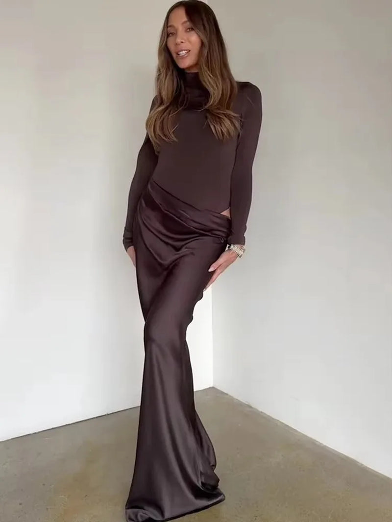 Elegant One-Shoulder Brown Satin Maxi Dress for Women - Sleeveless Evening and Summer Party Wear