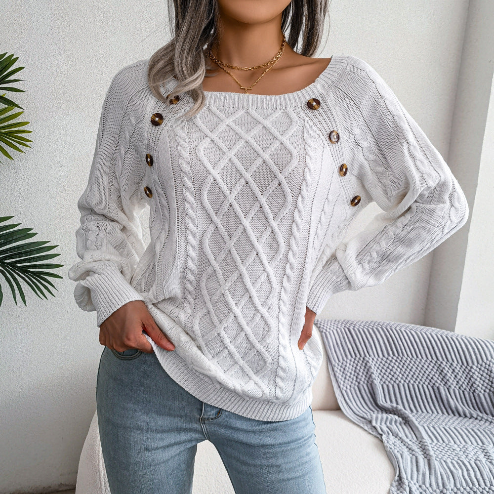 Square Neck Knitted Sweater with Button Detail - Women's Winter Long Sleeve Top