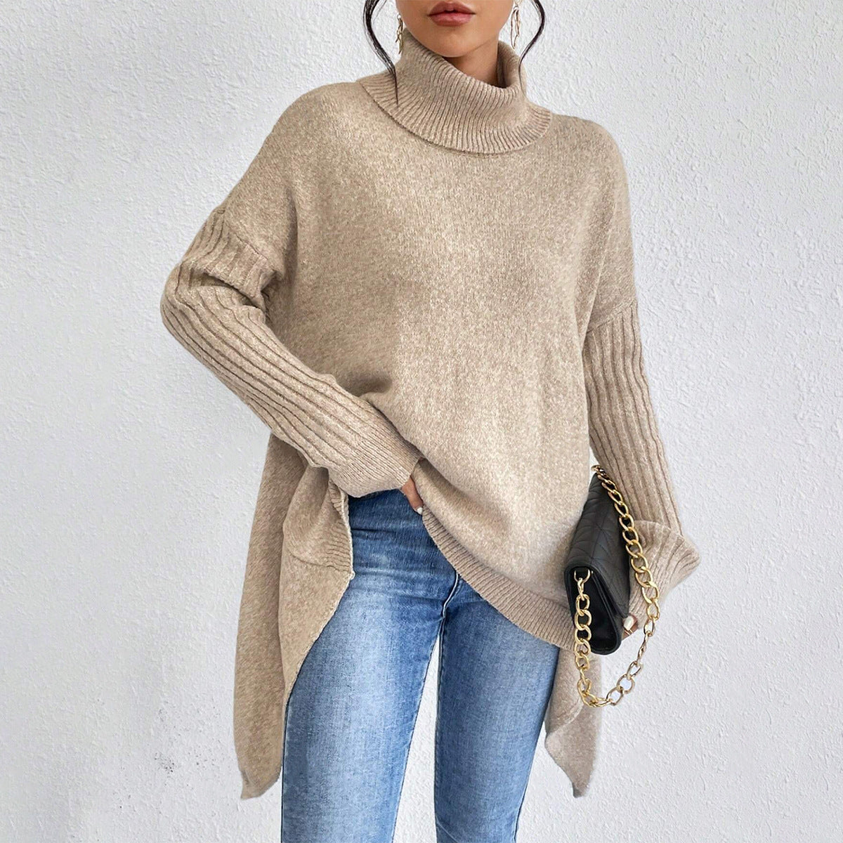 Irregular Turtleneck Loose-Fit Knitted Sweater for Women - Long Sleeve Winter Pullover