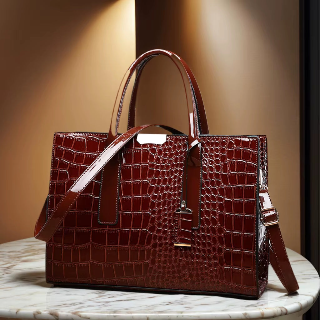 Luxury Vintage Women's Crocodile Pattern Leather Tote Bag - Spacious Business Shoulder Bag