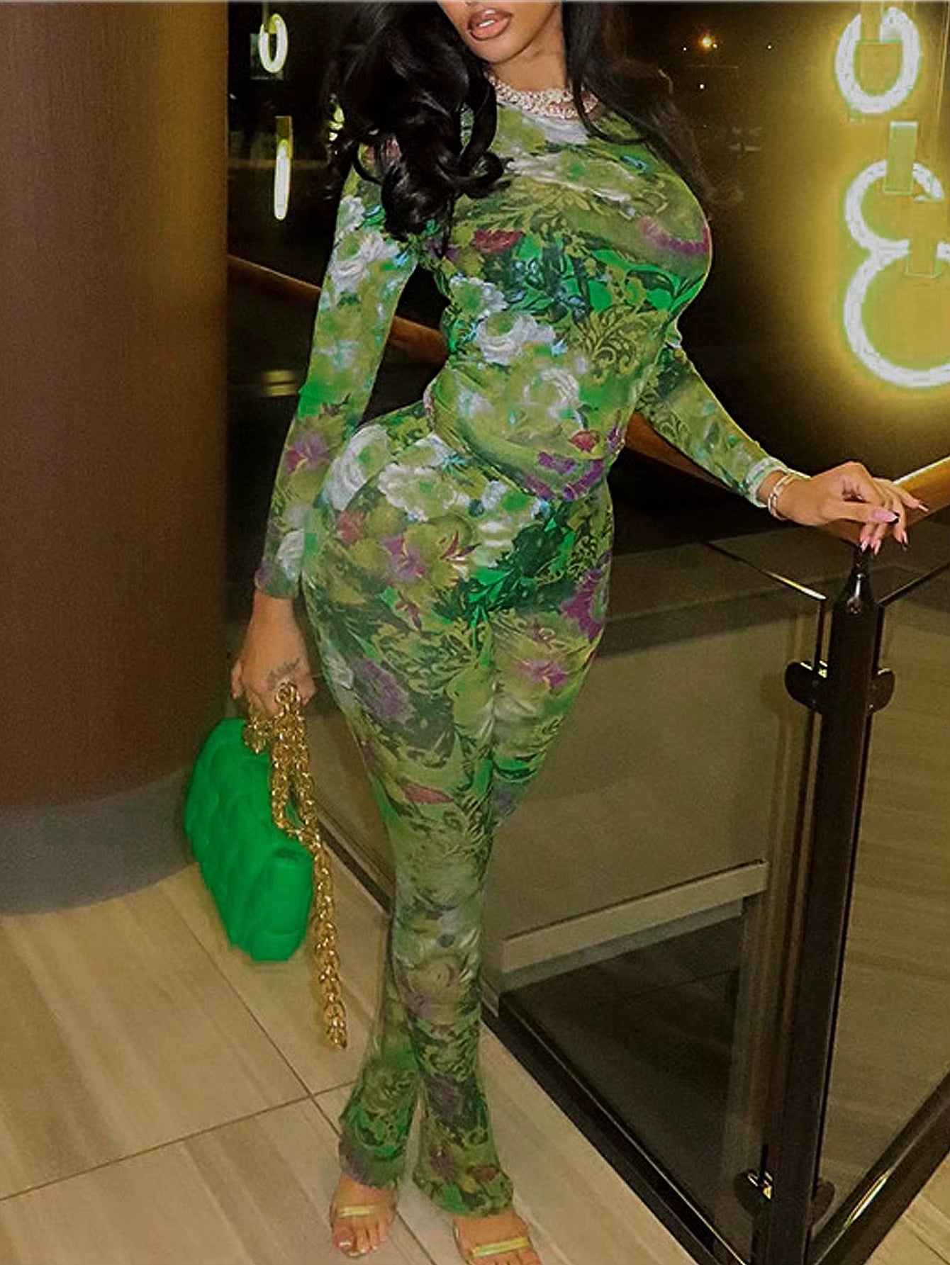 Women'S Mesh Printed round Neck Long Sleeved Tight Fitting Top, Mesh Printed Long Pants Casual Set