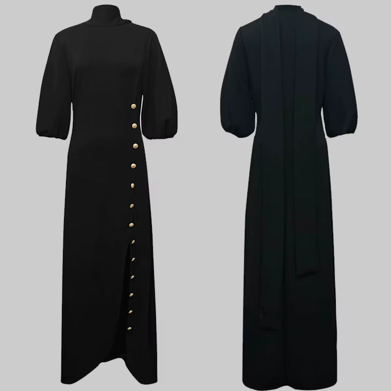 Modigirl Women's Elegant Lace-Up Maxi Dress with Gold Button Detail for Weddings and Evening Events - Autumn Collection 2025