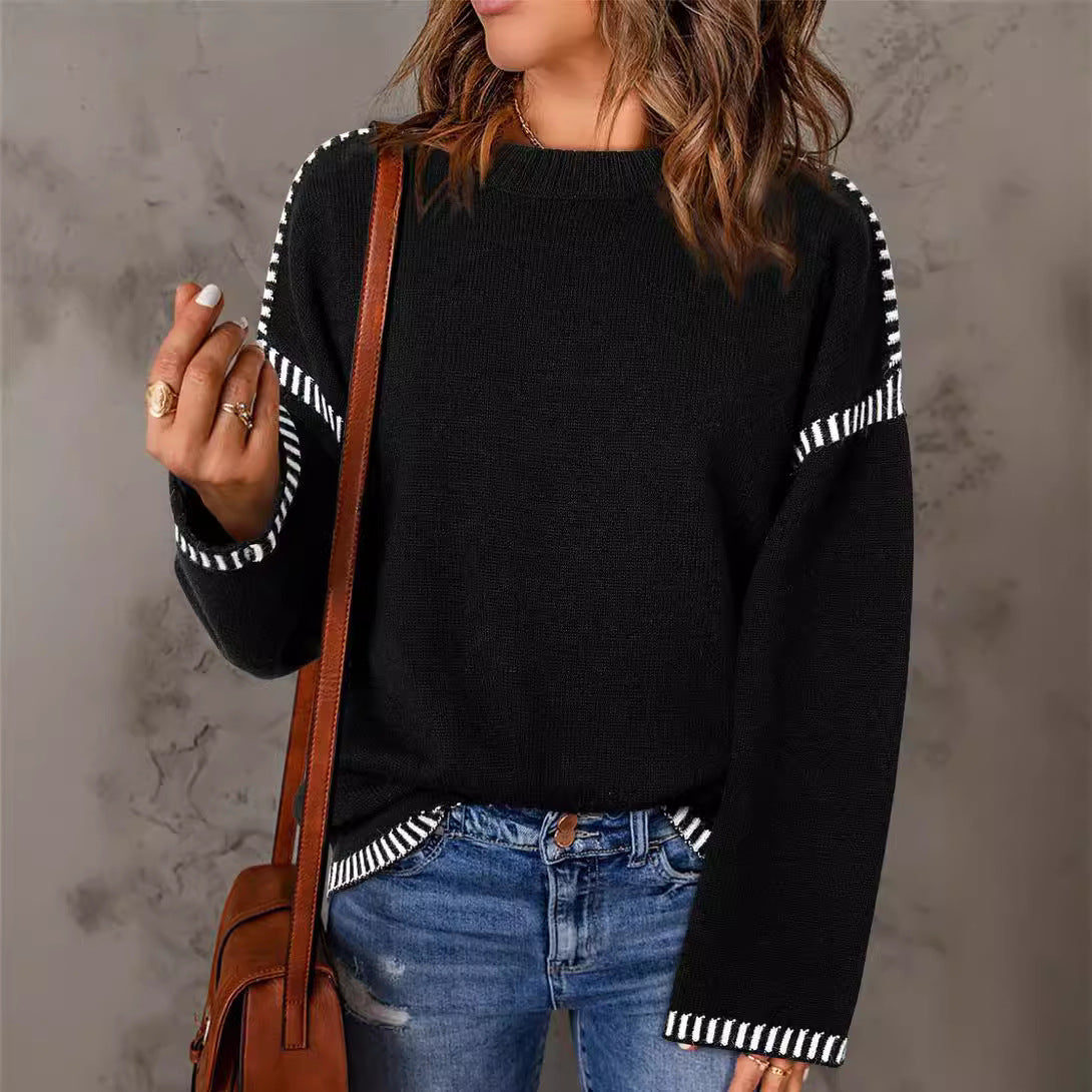 Women's Solid Round Neck Pullover Sweater - Loose Long Sleeve Top for Autumn and Winter