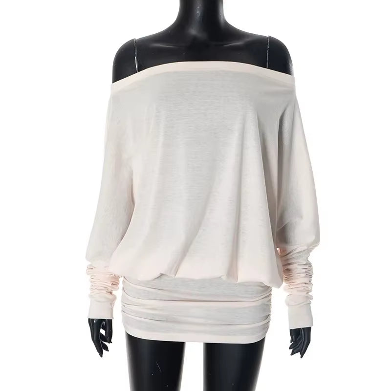 Chic Irregular Long-Sleeved Chiffon T-Shirt with Unique Slanted Shoulder Design for Women