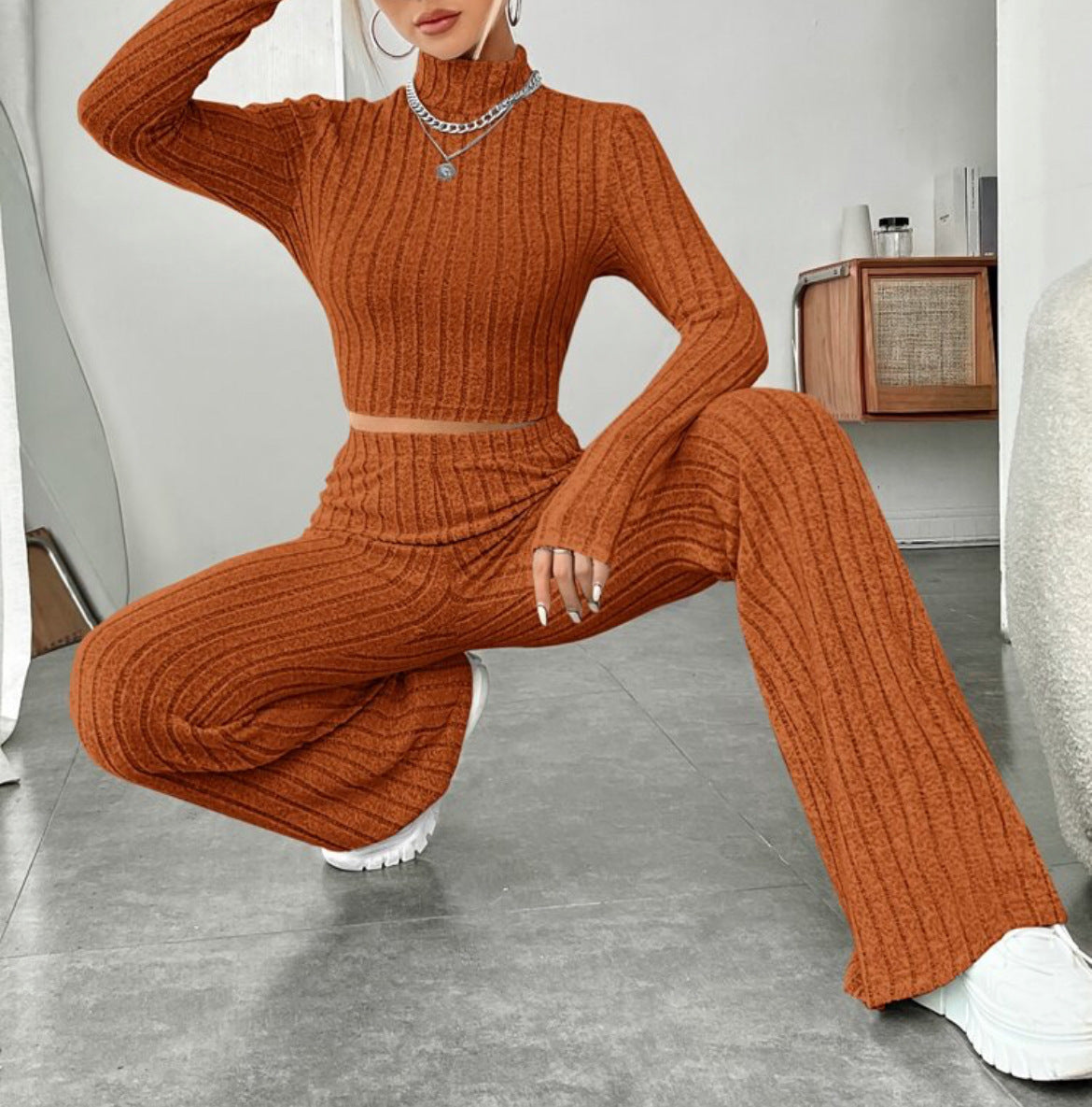 Long Sleeve Turtlenecks Wide Leg High Waist Trousers Suit