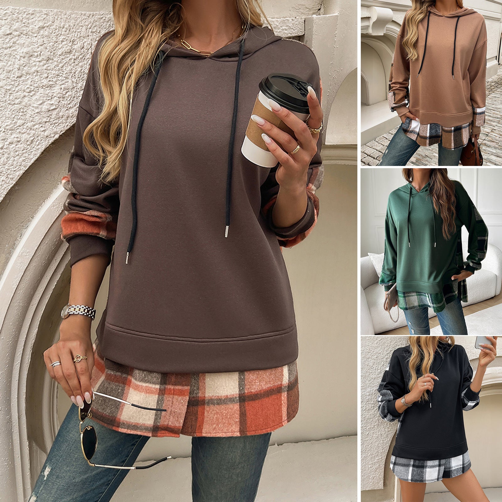 Women's Vintage Oversized Hoodie with Plaid Patchwork - Stylish Y2K Streetwear Round Neck Long Sleeve Sweatshirt