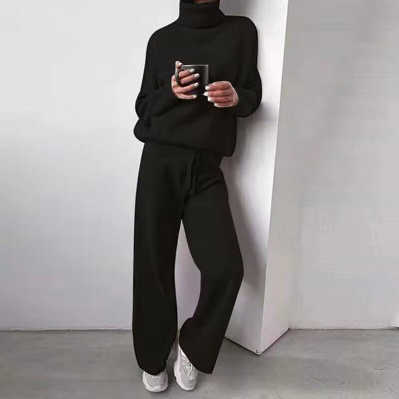 Casual Fashion Suits for Women Turtleneck Sweater and Drawstring Straight Pants