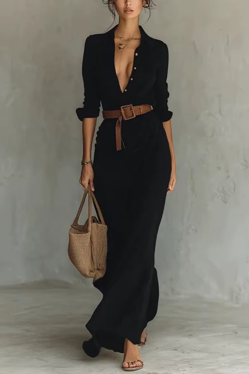Autumn Collection Elegant Long Sleeve V-Neck Pleated Ankle-Length Dress with Belt in Four Colors