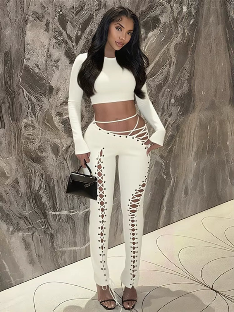 Female Sexy 2 Piece Set Woman O-Neck Navel Exposed Tops+Shirring Irregular Hollow Long Pants Street Fashion Outfits