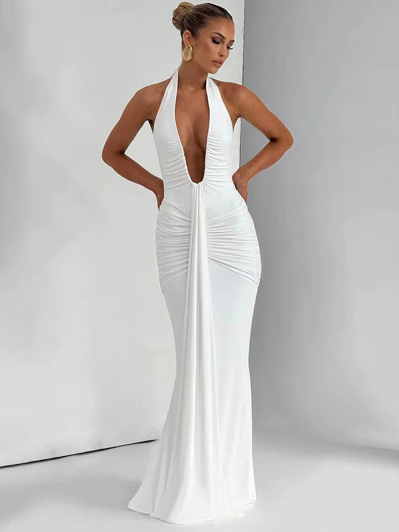 Elegant Deep V-Neck Draped Ruched Maxi Dress for Women - Summer Halter Sleeveless Backless Party Wear