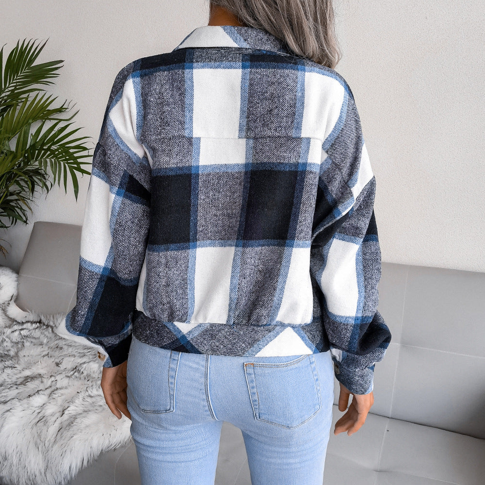 Plaid Lapel Cropped Jacket for Women - Loose-Fitting Long Sleeve Outwear Coat